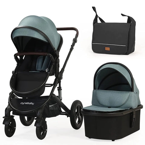 Newborn Infant Toddler Baby Stroller - Cynebaby 2 in 1 High Landscape Convertible Reversible Anti-Shock Bassinet Carriage Pram Stroller Add Cup Holder, Footmuff and Diaper Bag (Green) - Baby Bamboo