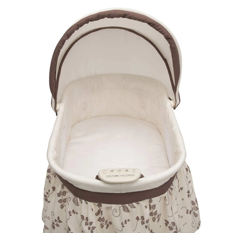 Delta Children Deluxe Sweet Beginnings Bedside Bassinet - Portable Crib with Lights and Sounds, Falling Leaves Baby Bamboo