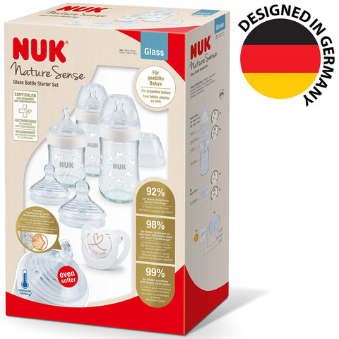 NUK Nature Sense Glass Bottle Set | 3 Baby Bottles Made of Glass | Temperature Control Display | Drinking Teat and Genius Dummy | 0-6 Months | White nuk