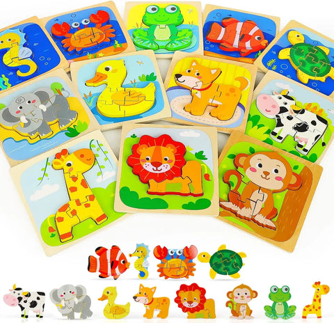 TOY Life Wooden Animal Puzzles for Toddlers 1-3, 12 Pack Baby Puzzle for Kid Age 1-3, Montessori Toys for 1 2 3+ Year Old, STEM Educational Learning Toy for 1 2 3+Year Old Boys Girls toys