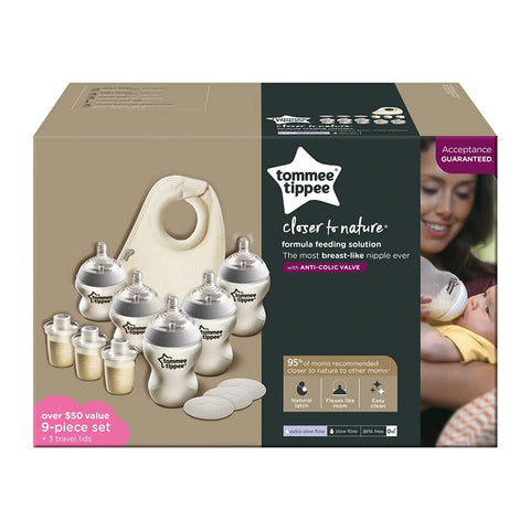 Tommee Tippee Formula Feeding Solution, Baby Bottle Set | Closer to Nature Bottles, Breast-Like Nipples | Travel Lids, Formula Dispenser & Milk Feeding Bib - Baby Bamboo