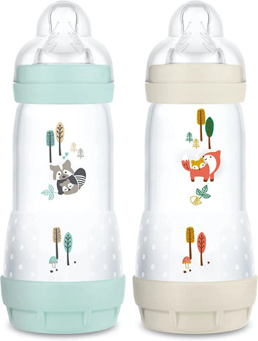 MAM  Anti-Colic Bottles (320 ml), Baby Bottle Ideal for Mixed Breastfeeding, Teat Flow 3, Aerated Anti-Colic Base, Aqua & Linen - Baby Bamboo