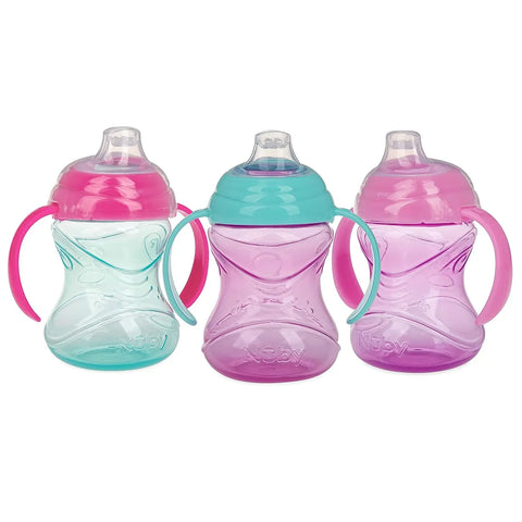 Nuby 3 Piece No-Spill Grip N Sip Cup with Silicone Soft Flex Spout, 2 Handle with Clik It Lock Feature, Girl,10 Ounce nuby