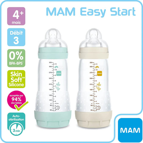 MAM  Anti-Colic Bottles (320 ml), Baby Bottle Ideal for Mixed Breastfeeding, Teat Flow 3, Aerated Anti-Colic Base, Aqua & Linen - Baby Bamboo