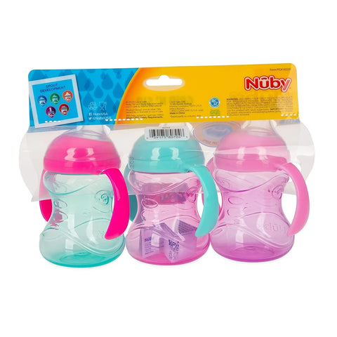 Nuby 3 Piece No-Spill Grip N Sip Cup with Silicone Soft Flex Spout, 2 Handle with Clik It Lock Feature, Girl,10 Ounce nuby