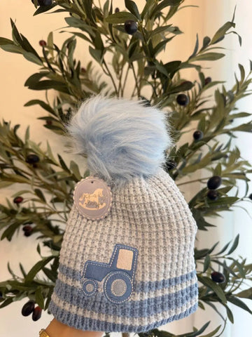 Adorable Baby Blue Knit Winter Hat with Tractor Design and Pom Pom Baby Bamboo