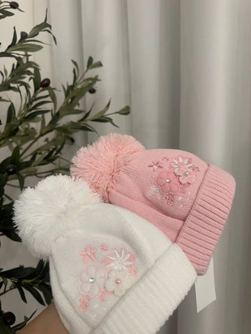 Adorable Baby Winter Hat with Floral Accent – Navy, Pink, & White Baby Bamboo