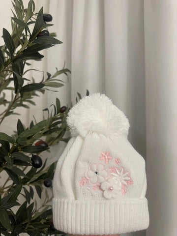 Adorable Baby Winter Hat with Floral Accent – Navy, Pink, & White Baby Bamboo