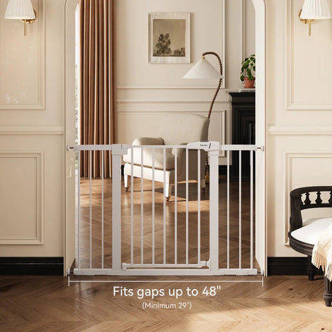 BABELIO Metal Baby/Dog Gate 29''-48'' Auto Close Extra Wide Pet Barrier for Stairs & Doorways, Pressure Mounted Walk Thru Child Door, NO Need Tools and Drilling, with Wall Cups Baby Bamboo