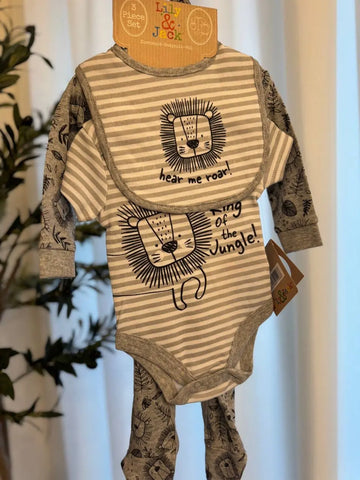 BABY BOYS LION 3 PIECE ALL IN ONE OUTFIT (NB-6 MONTHS) Lily & Jack Green Label