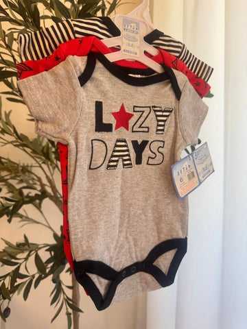 Baby Boy 3-Pack Bodysuits – Lazy Days (Grey, Red, & Black) Baby Bamboo
