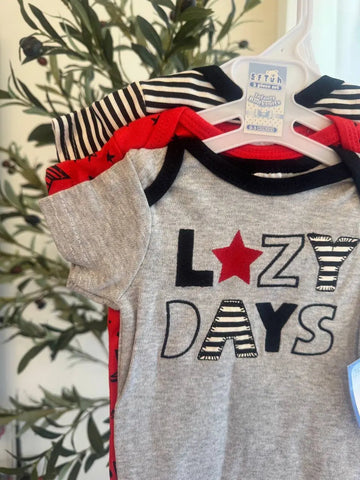 Baby Boy 3-Pack Bodysuits – Lazy Days (Grey, Red, & Black) Baby Bamboo