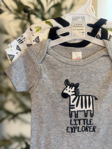 Baby Boy 3-Pack Bodysuits – Little Explorer (Grey & White) Baby Bamboo