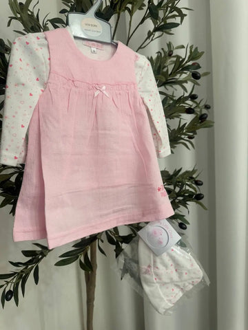 Baby Girl Light Pink Dress with Matching Heart-Print Hat and Long-Sleeve T-Shirt Baby Bamboo