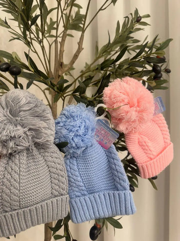 DUSTY BLUE ECO CABLE KNIT HAT W/POM POM (0-12M) Baby Bamboo
