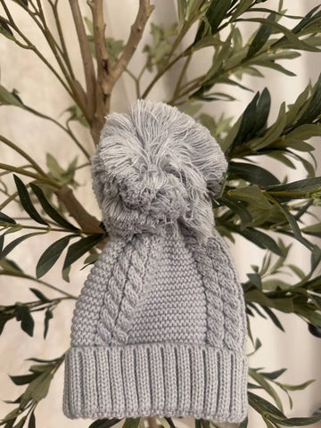 DUSTY BLUE ECO CABLE KNIT HAT W/POM POM (0-12M) Baby Bamboo