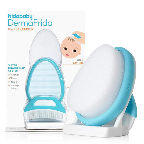 Frida Baby The 3-Step Cradle Cap System | DermaFrida The FlakeFixer | Sponge, Brush, Comb and Storage Stand for Babies with Cradle Cap frida baby