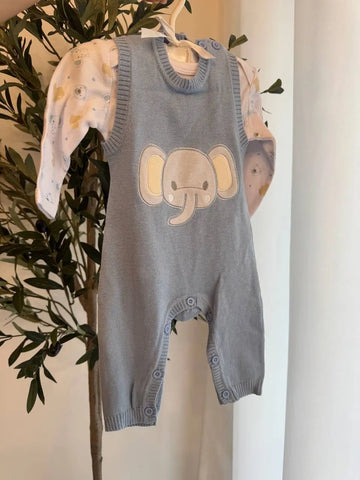 Light Blue Elephant Baby Overall with Long-Sleeve T-Shirt Baby Bamboo