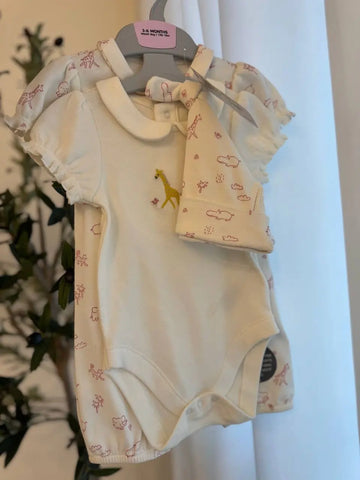 M&S Baby Girl 2 Bodysuits and Hat, Ivory Baby Bamboo
