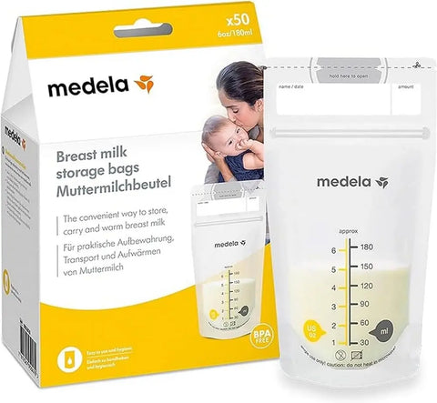 Medela Set of 180 ml Breast Milk Storage Bags - Pack of 50 BPA-free breast milk collection pouches with double zip, quick freeze and thaw Medela