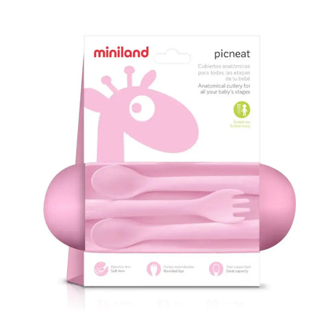 Miniland cutlery set with anatomical shape with case - PICNEAT ROSE Baby Bamboo