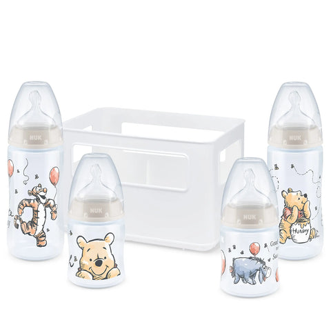 NUK Disney Winnie The Pooh First Choice + Baby Bottle Starter Set 4 Anti-Colic Baby Bottles (2 x 150 ml & 2 x 300 ml) Temperature Control Display Silicone Teat Bottle Box BPA Baby Bamboo