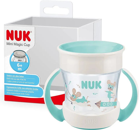 NUK Mini Magic Cup Leak Proof Cup | 360° Leak Proof Rim | Ages 6+ Months | Ergonomic Handles | BPA Free | 160ml | Mouse (Blue) nuk