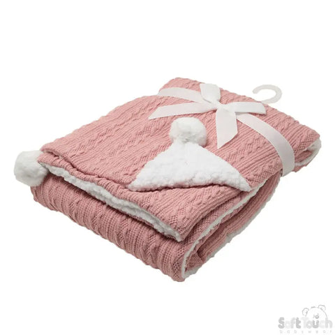 Soft Touch Infant Pompom Baby Blanket – Dusty Pink/Blue Baby Bamboo