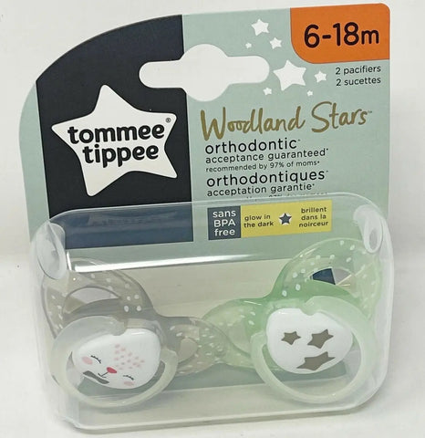 Tommmee Tippee Moda Pacifiers, Symmetrical Design, BPA-Free Silicone Binkies, 18-36m, 2-Count, Woodland Stars Baby Bamboo