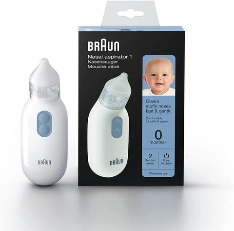 Braun Healthcare Nasal Aspirator 1, BNA100EU. Clear stuffy noses quickly & gently. Electric nasal aspirator for all ages 0+, White - Baby Bamboo