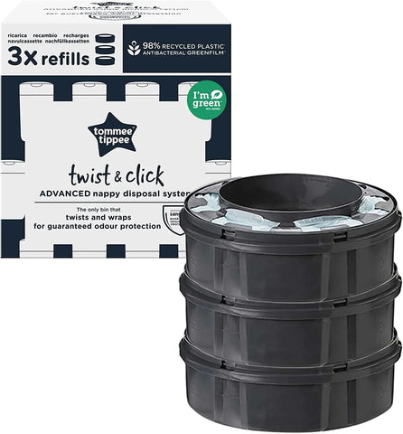 Tommee Tippee Twist and Click Advanced Nappy Bin Refill Cassettes, Sustainably Sourced Antibacterial GREENFILM, Pack of 3 Tommee Tippee