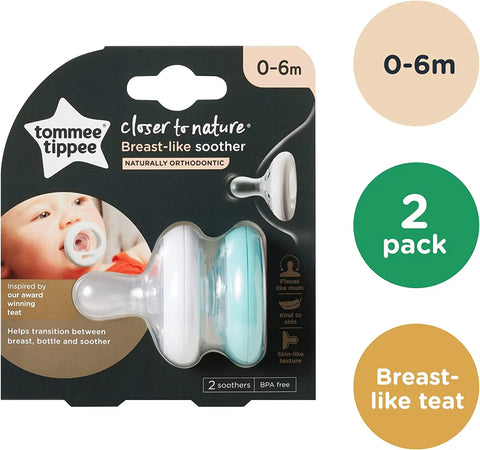 Tommee Tippee Breast-Like Soother, Skin-Like Texture, Symmetrical Orthodontic Design, BPA-Free, 0-6m, Pack of 2 Tommee Tippee