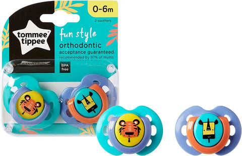 Tommee Tippee Fun Style Soothers, 0-6m, 2 Pack, Symmetrical Orthodontic Design, BPA-Free Silicone Tommee Tippee