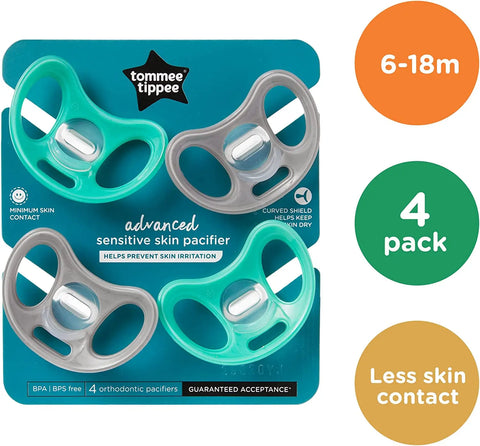 Tommee TippeeAdvanced Sensitive Skin Soother, Unique Shield for Less Skin Contact, Symmetrical Orthodontic Design, 6-18m, Pack of 4 Dummies Tommee Tippee